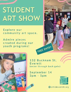 Flier with two small photos of students making art inside a studio